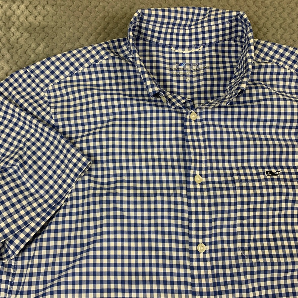 Vineyard Vines On-The-Go Performance Gingham Shirt Mens Medium Blue Short Sleeve